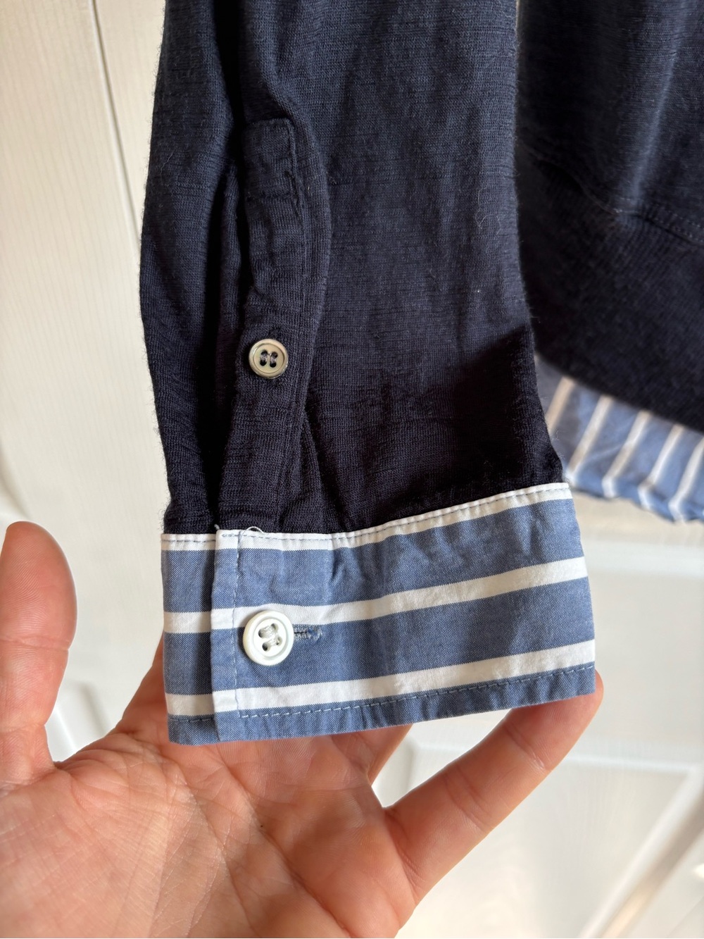 Flaw Theory Layered Navy Wool Cardigan White Striped Shirt Set M Academia Career - Picture 3 of 9
